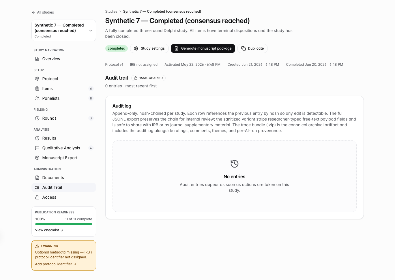 Study audit log with hash-chained events and timestamps