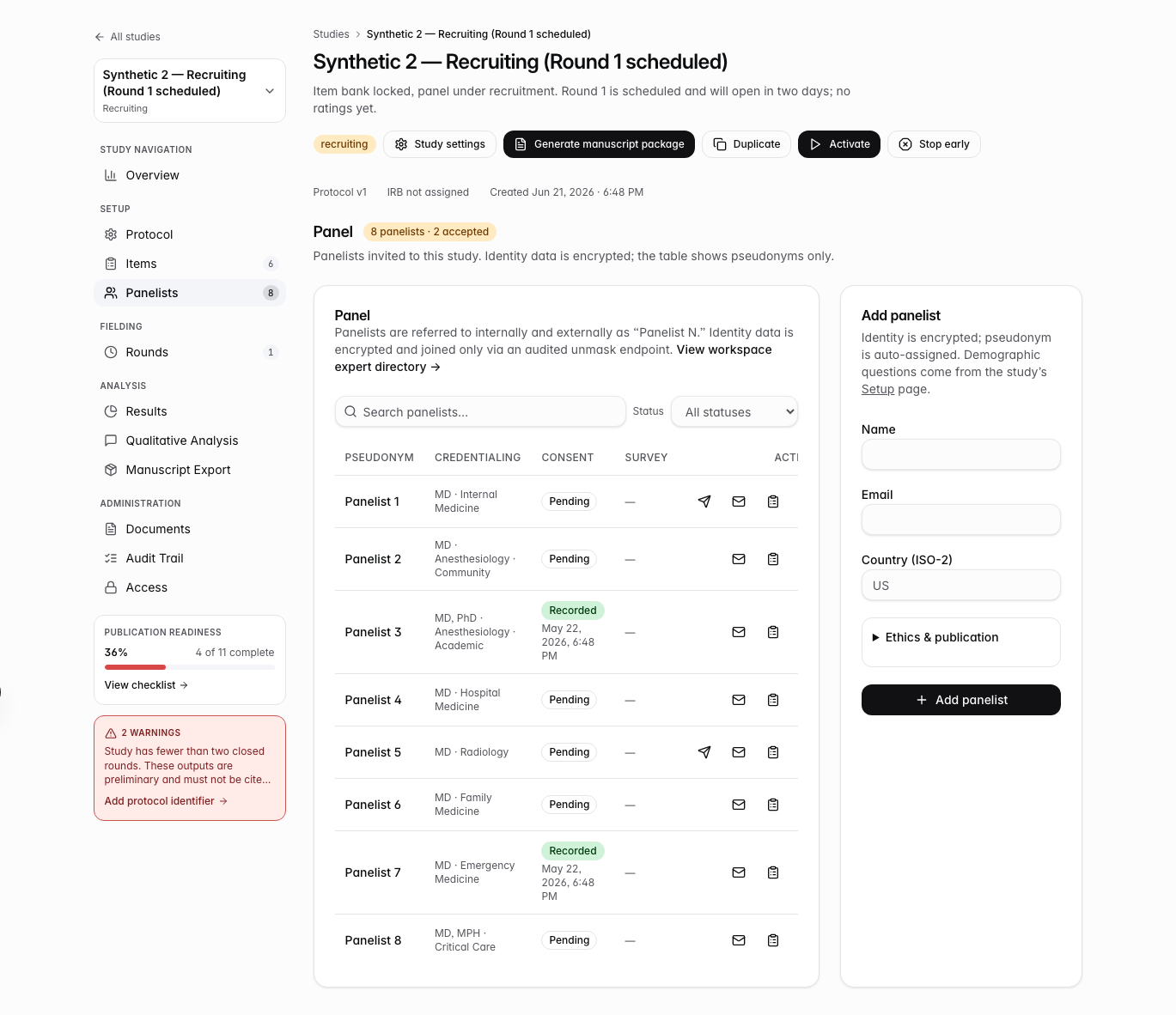 Panel dashboard with invitation states, response rates, and bulk actions
