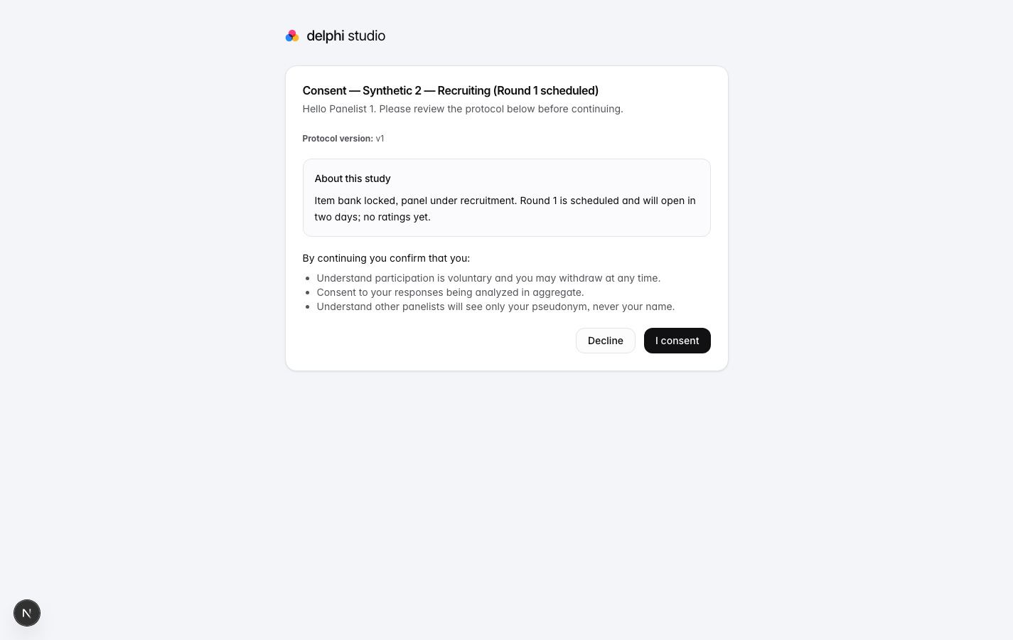 Panelist consent screen with protocol version and accept or decline options