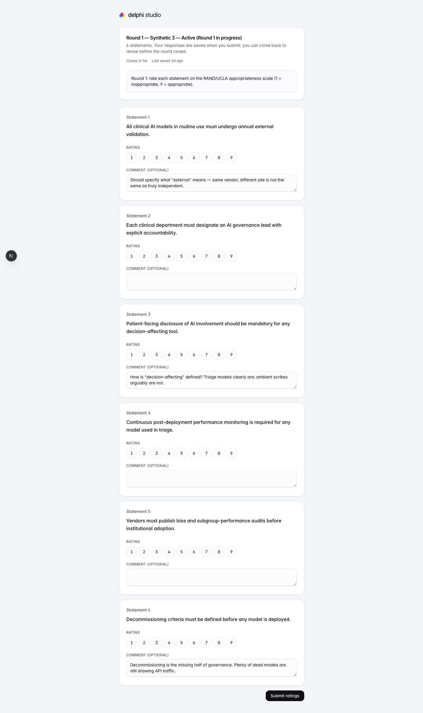 Panelist rating interface with Likert scale and comment field