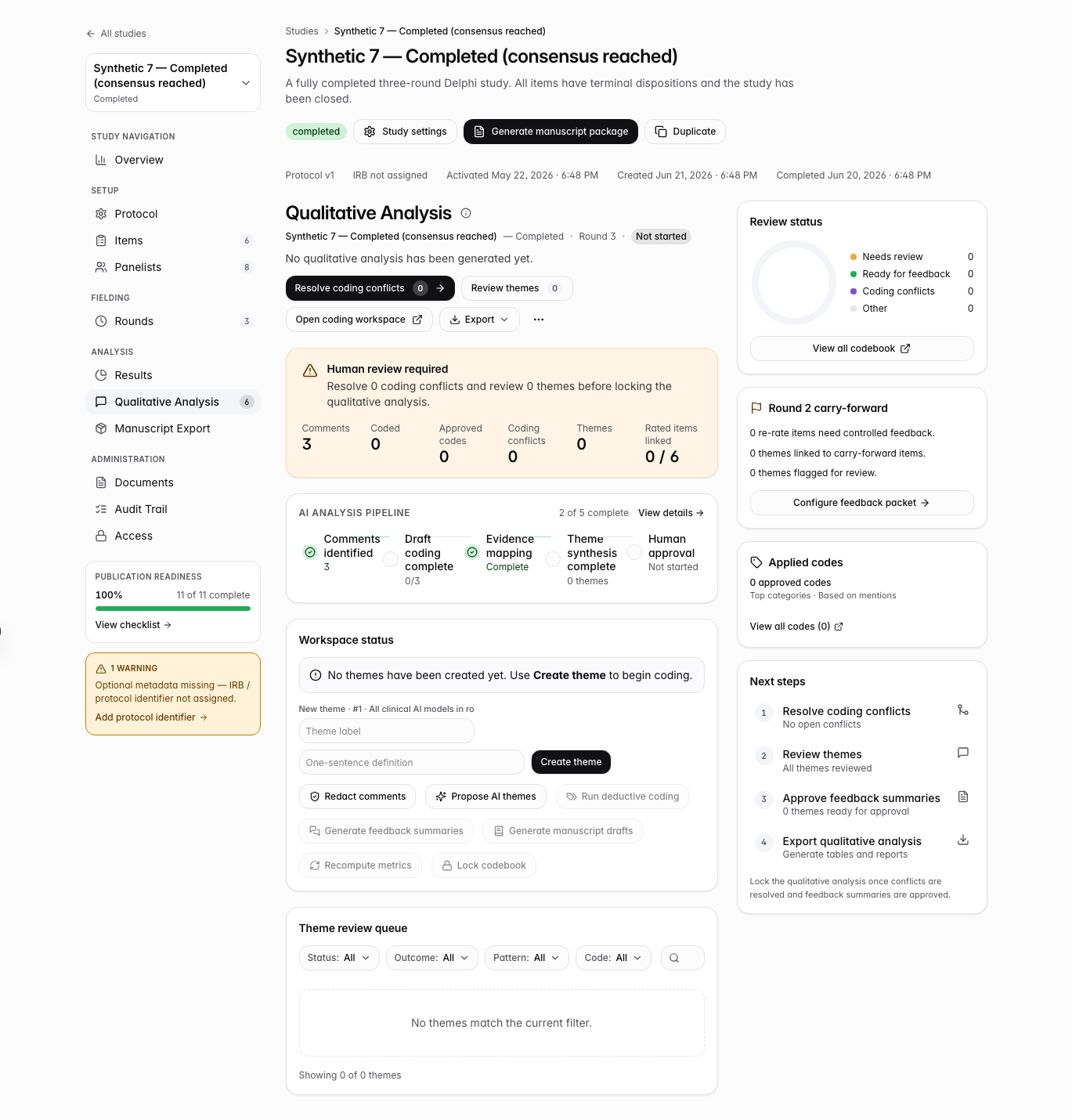 Study-wide qualitative workspace with codebook and adjudication gates