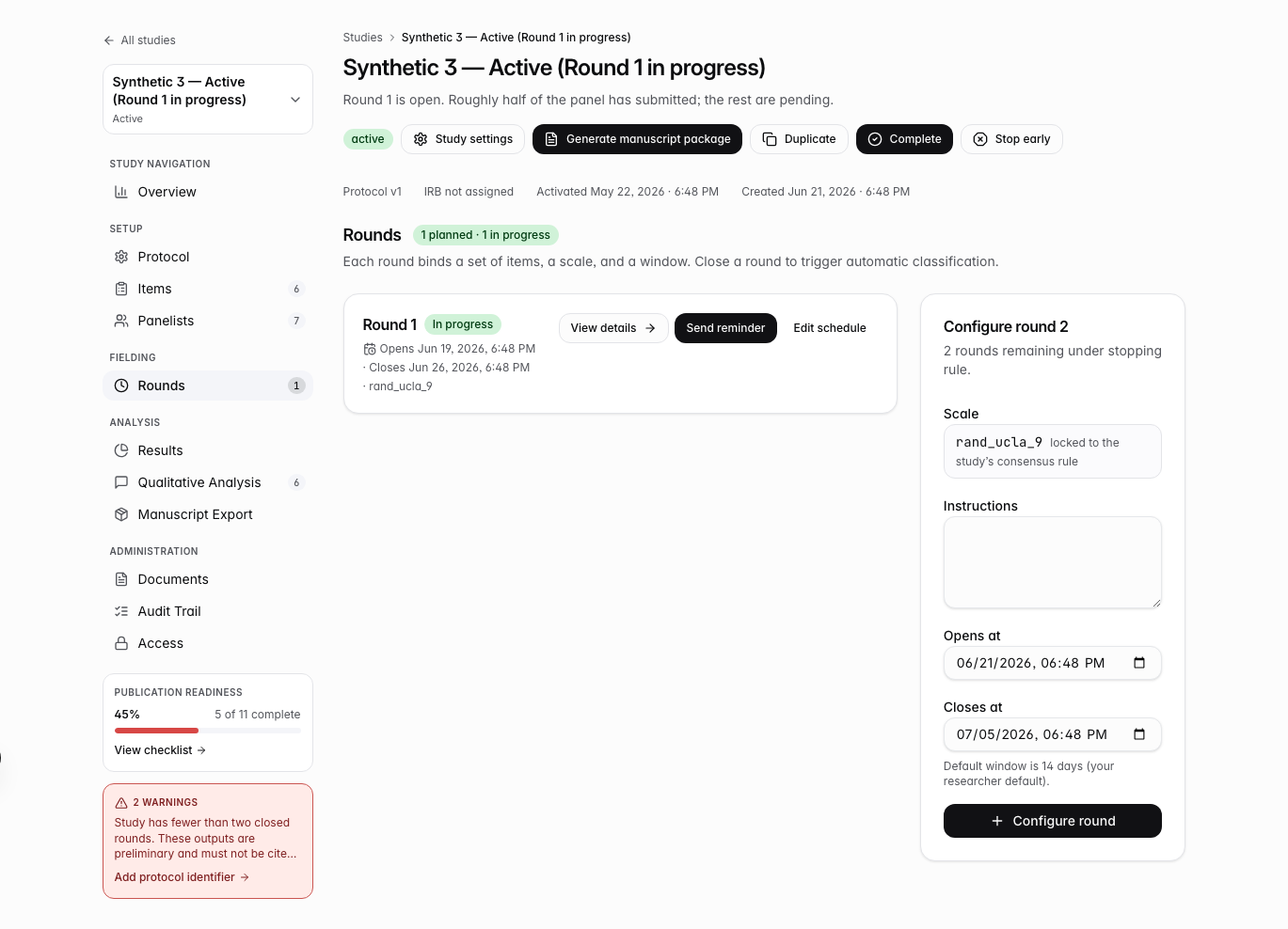 Rounds dashboard showing round states and response progress