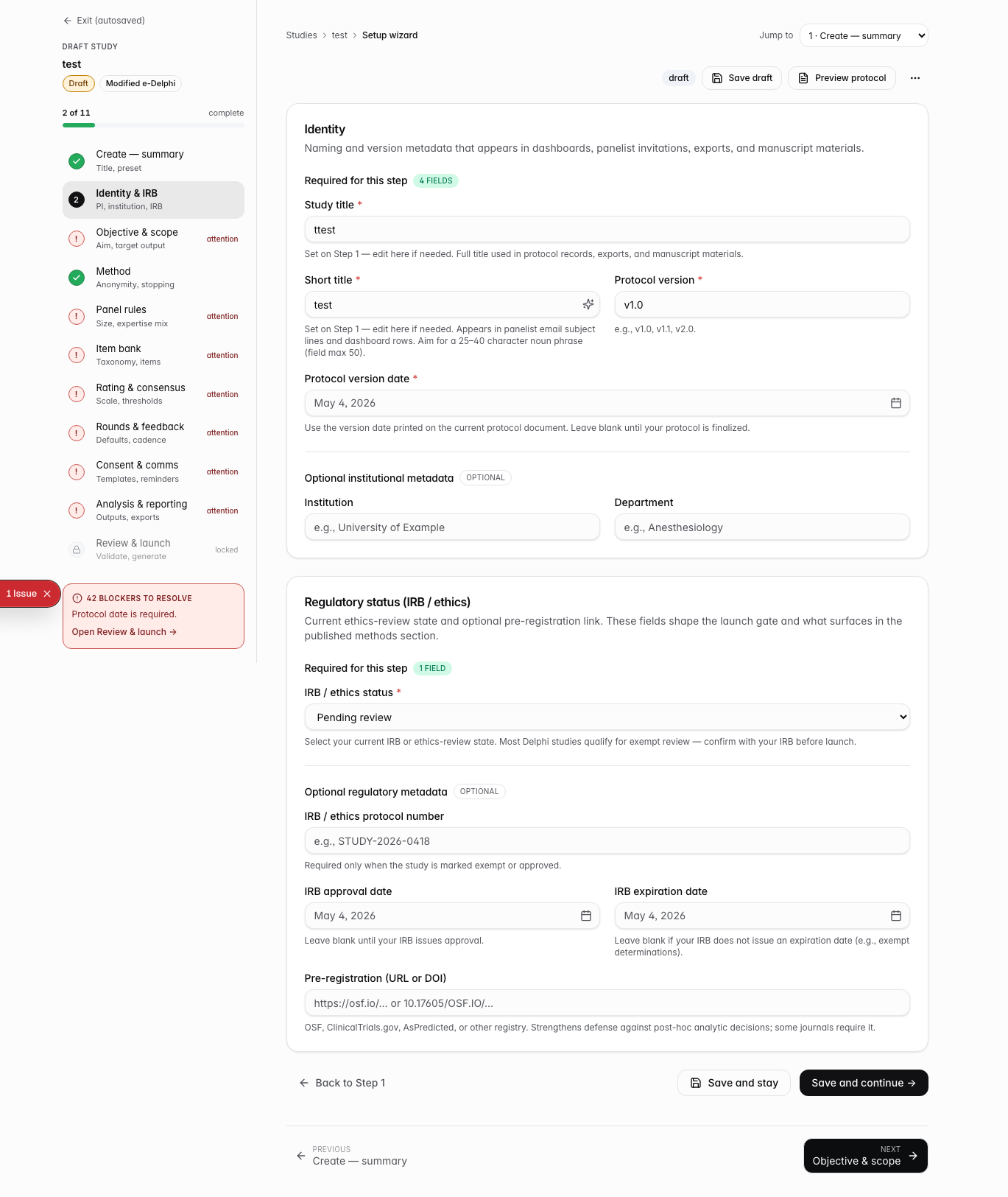 Wizard progress panel listing all 11 setup steps with phase grouping