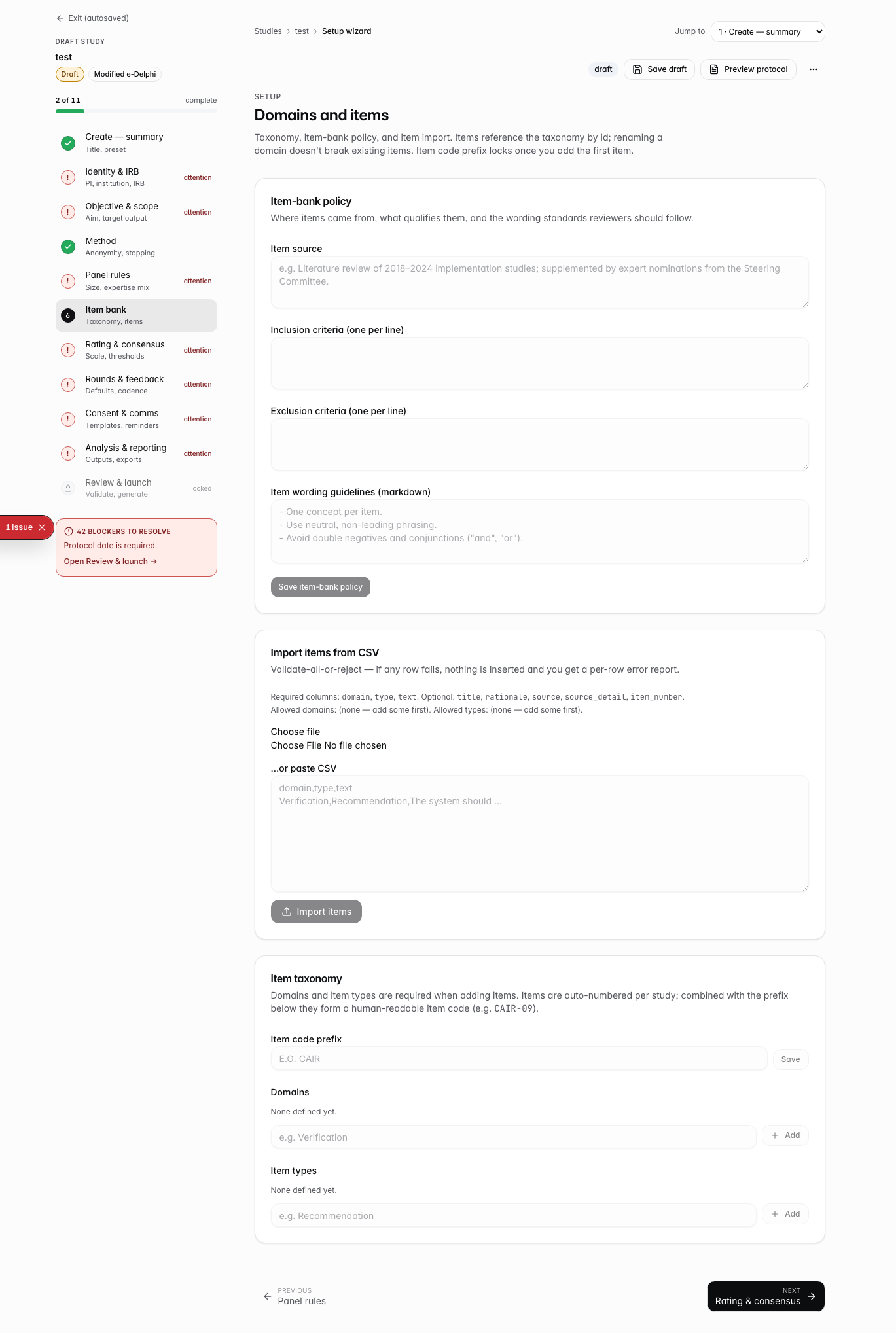 Item bank screen with policy fields, CSV import, and taxonomy configuration
