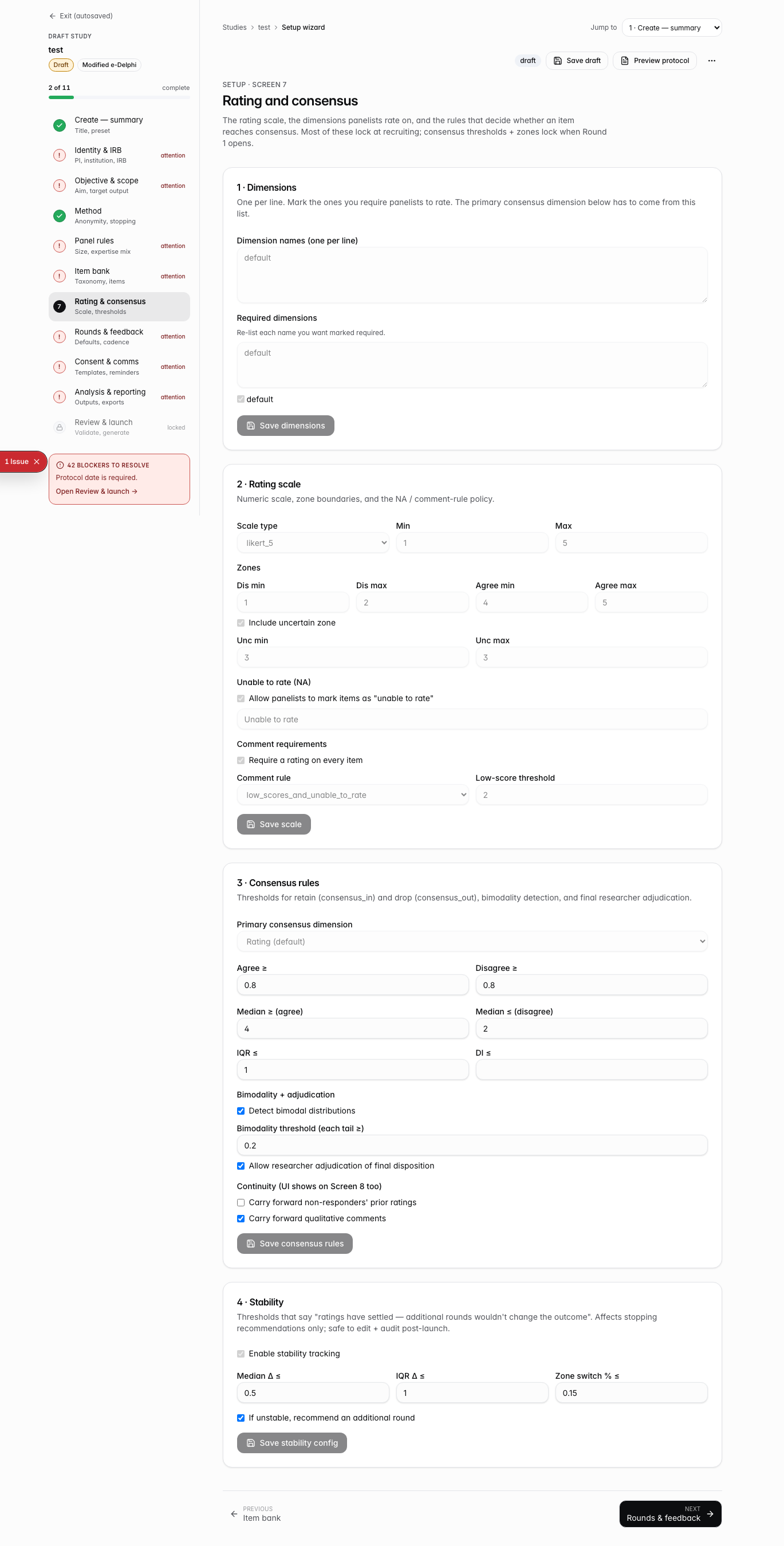 Rating and consensus screen with scale, dimensions, and threshold configuration
