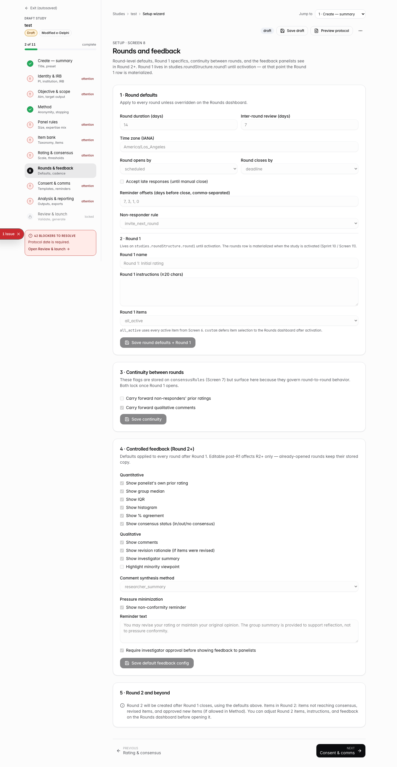 Rounds and feedback screen with timing defaults and controlled feedback options