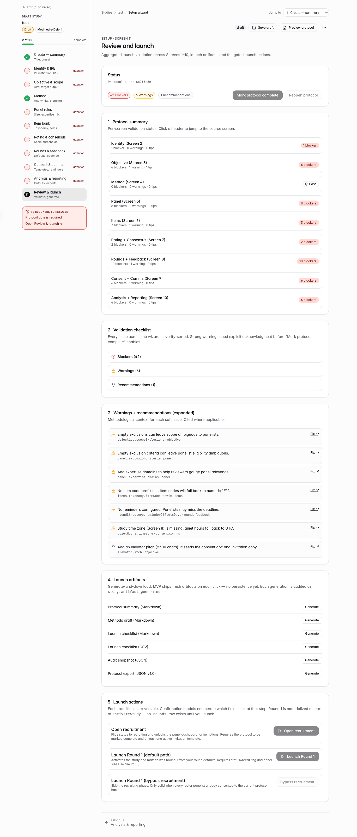 Review and launch screen with validation checklist, artifacts, and launch actions